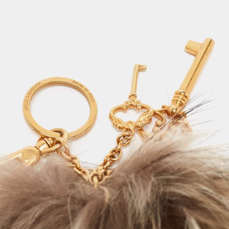 Pre Owned Dolce & Gabbana Beige Fox Fur & Keys Charm Keychain & Bag Charm