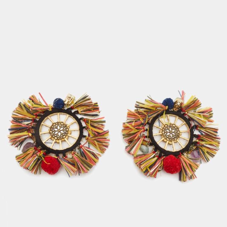 Pre Owned Dolce & Gabbana Multicolor Pom Pom & Tassel Oversized Clip On Earrings