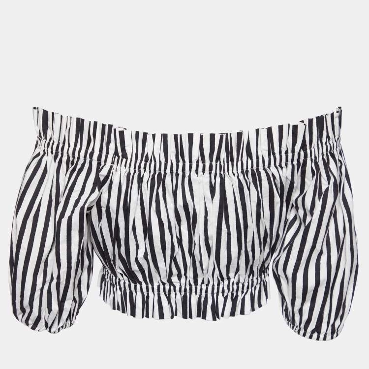 Pre Owned Dolce & Gabbana Black/White Striped Cotton Odd-Shoulder Crop Top S