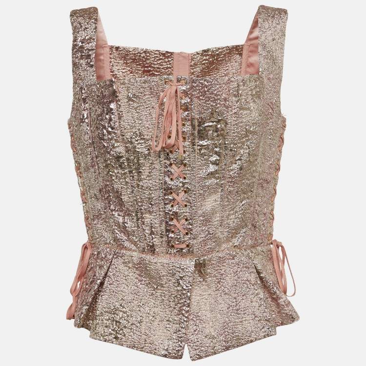 Pre Owned Dolce & Gabbana Metallic Pink Lurex Lace-Up Detail Corset L