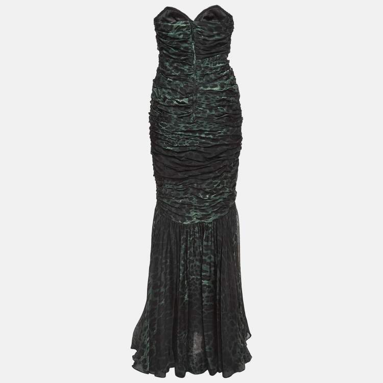 Pre Owned Dolce & Gabbana Green Animal Print Silk Ruched Strapless Gown M
