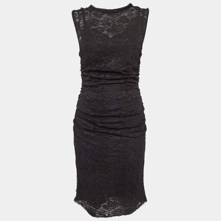 Pre Owned Dolce & Gabbana Black Lace Ruched Mid Dress M