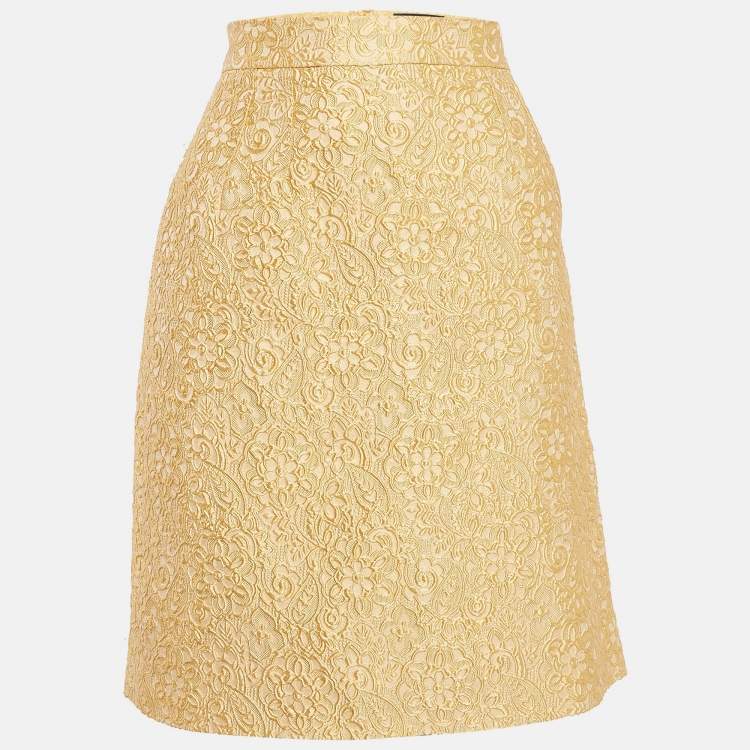 Pre Owned Dolce & Gabbana Yellow Textured Jacquard Pencil Skirt M