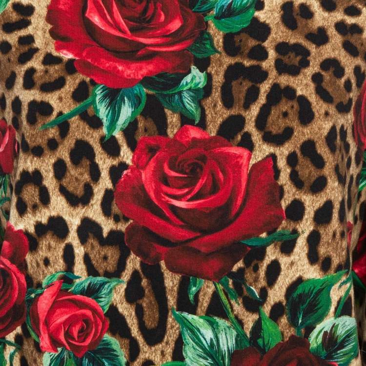 Pre Owned Dolce & Gabbana Brown Rose and Leopard Print Jersey Sweatshirt S