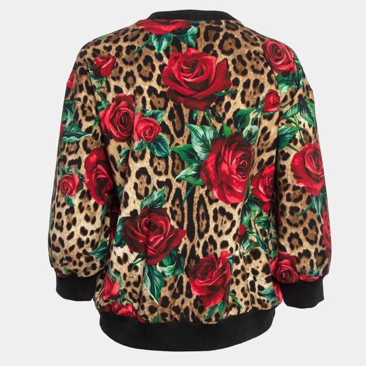 Pre Owned Dolce & Gabbana Brown Rose and Leopard Print Jersey Sweatshirt S
