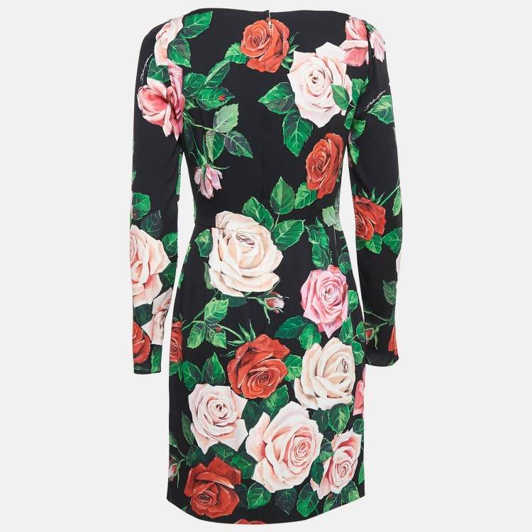 مملوكة مسبقًا Dolce & Gabbana Black Rose Print Stretch Silk Mini Dress M