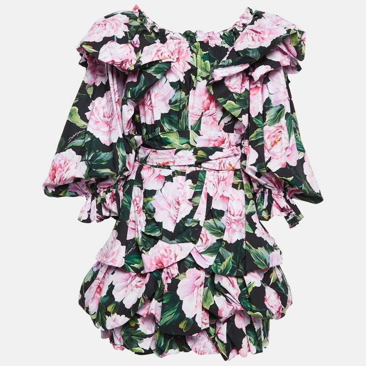 Pre Owned Dolce & Gabbana Black Floral Print Cotton Ruffled Off-Shoulder Dress M