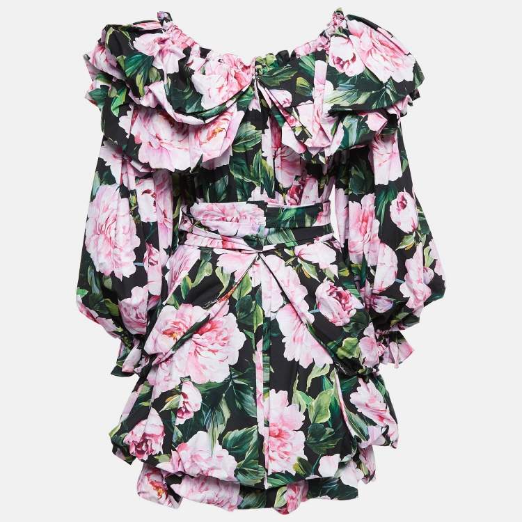 Pre Owned Dolce & Gabbana Black Floral Print Cotton Ruffled Off-Shoulder Dress M