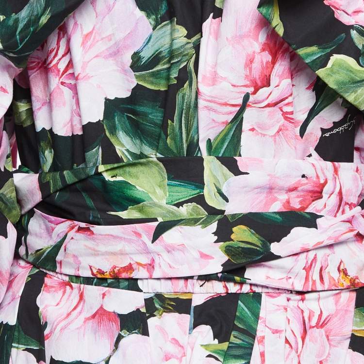 Pre Owned Dolce & Gabbana Black Floral Print Cotton Ruffled Off-Shoulder Dress M