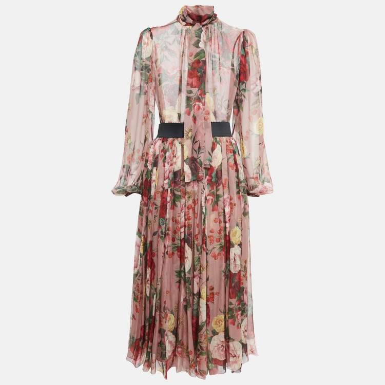 Pre Owned Dolce & Gabbana Pink Floral Print Chiffon Silk Skirt Set S/M