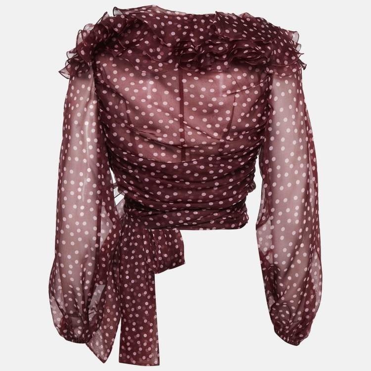 Pre Owned Dolce & Gabbana Burgundy Polka Dots Organza Ruffled Wrap Top S
