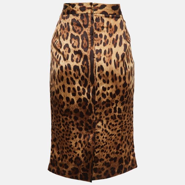 Pre Owned Dolce & Gabbana Brown Leopard Print Stretch Silk Pencil Skirt M