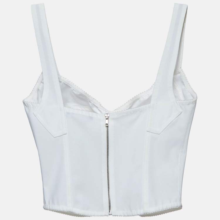 Pre Owned Dolce & Gabbana White Lace Trim Stretch Crepe Crop Top M