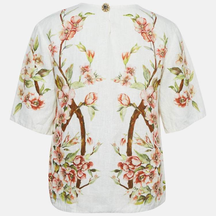 Pre Owned Dolce & Gabbana Off White Floral Print Linen Top S