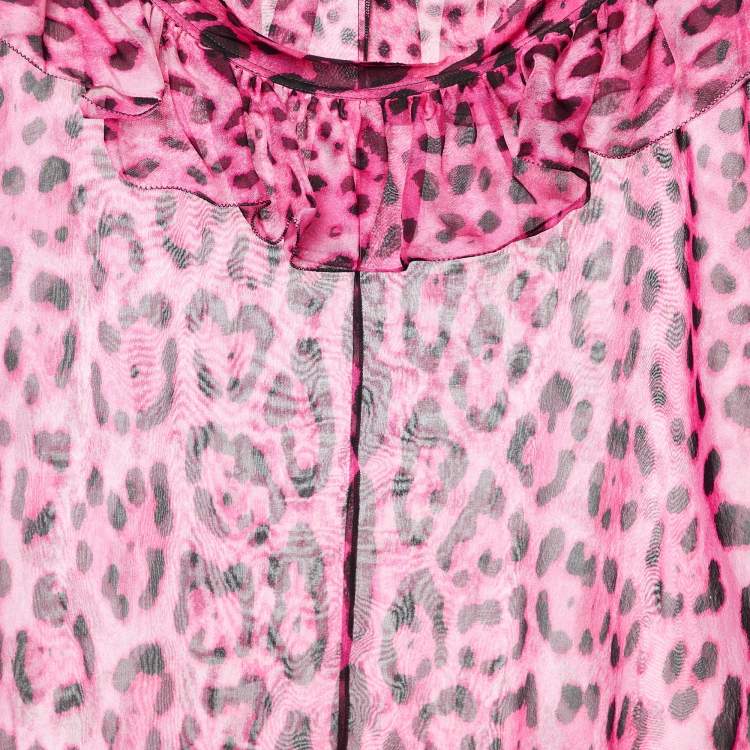 مملوكة مسبقًا Dolce & Gabbana Pink Leopard Print Silk Ruffle Top L