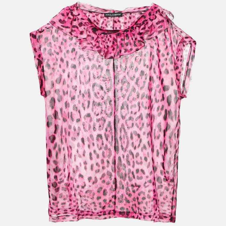 مملوكة مسبقًا Dolce & Gabbana Pink Leopard Print Silk Ruffle Top L