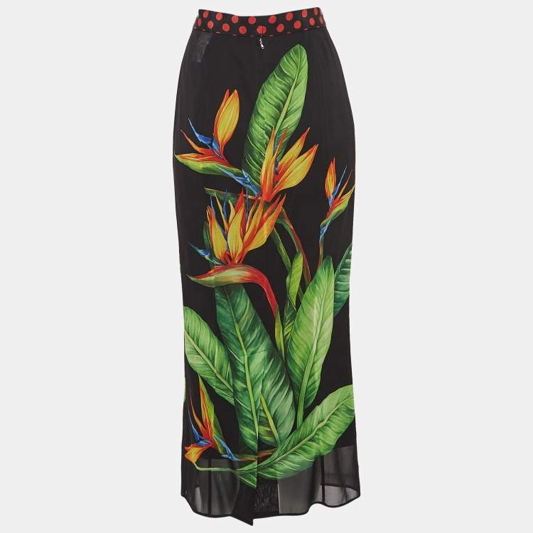 Pre Owned Dolce & Gabbana Black Silk Floral Print Midi Skirt M