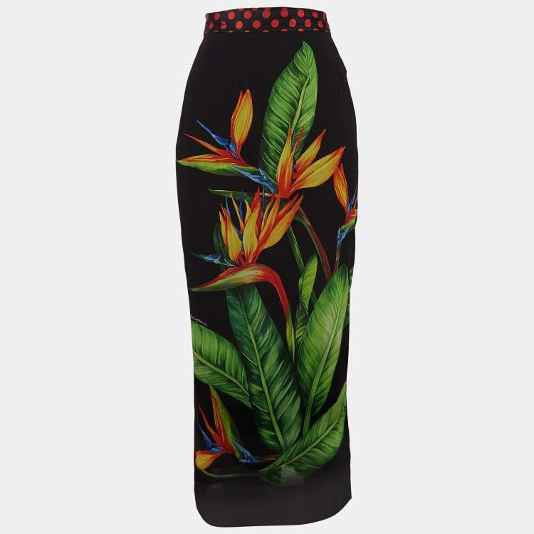 Pre Owned Dolce & Gabbana Black Silk Floral Print Midi Skirt M