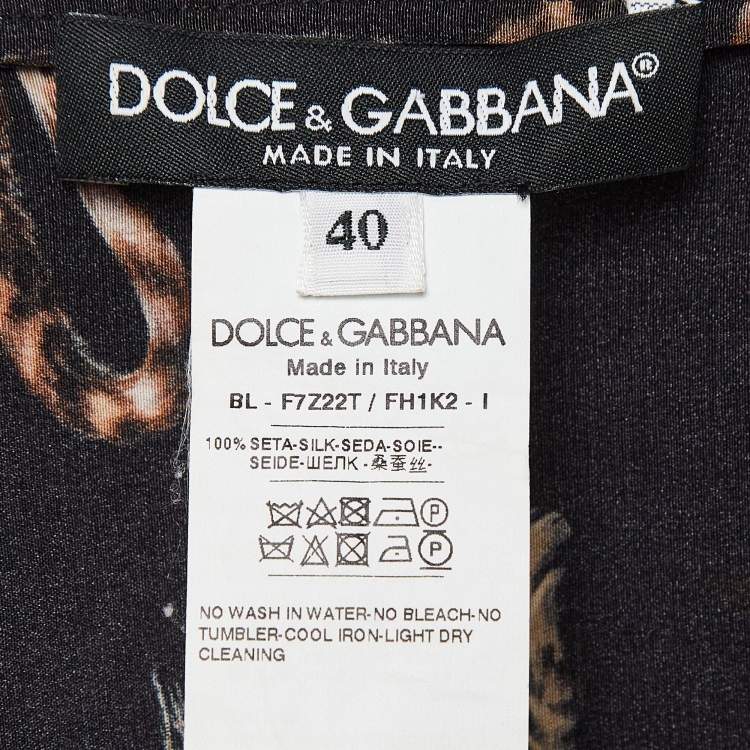 Pre Owned Dolce & Gabbana Black Cat Print Silk Top S