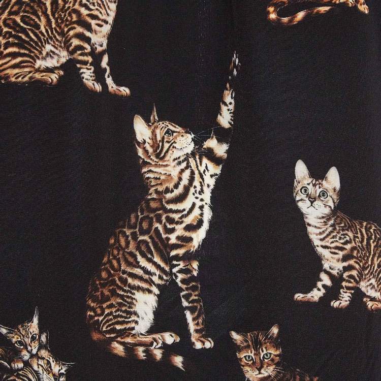 Pre Owned Dolce & Gabbana Black Cat Print Silk Top S