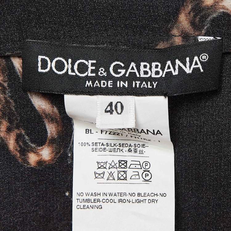 Pre Owned Dolce & Gabbana Black Cat Print Silk Top S
