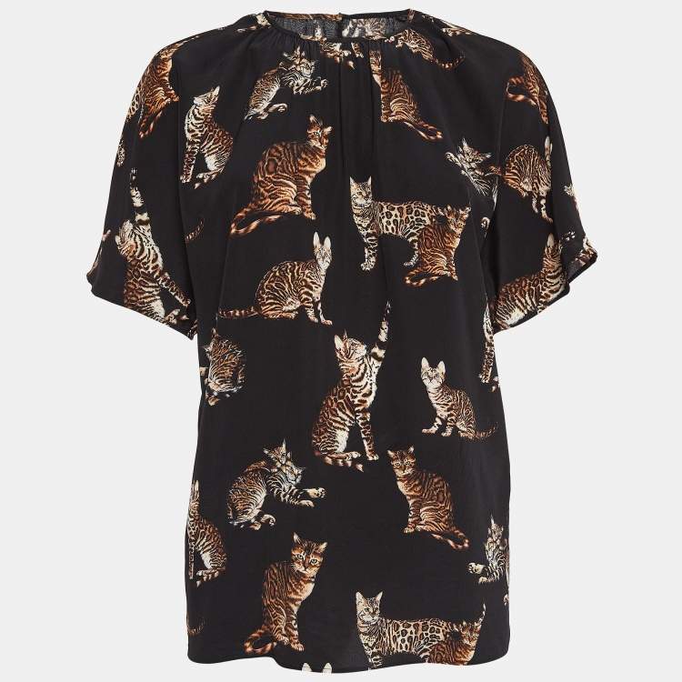 Pre Owned Dolce & Gabbana Black Cat Print Silk Top S