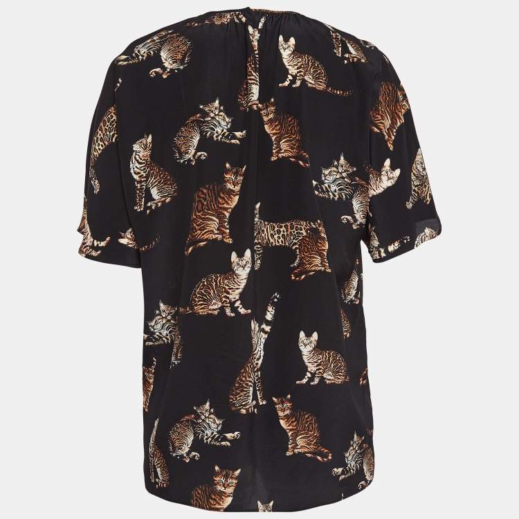 Pre Owned Dolce & Gabbana Black Cat Print Silk Top S