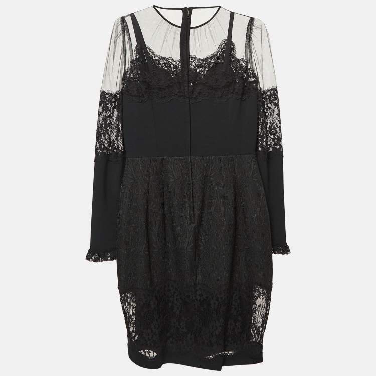 Pre Owned Dolce & Gabbana Black Lace Trim Tulle and Jacquard Midi Dress M