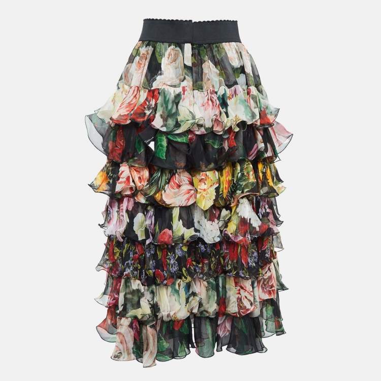 Pre Owned Dolce & Gabbana Black Multicolor Floral Print Silk Ruffled Skirt M