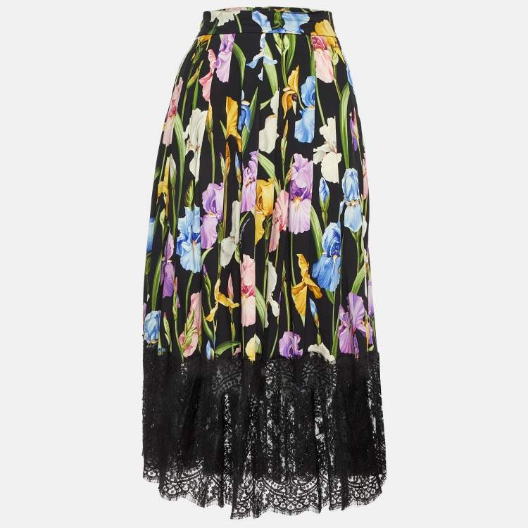 Pre Owned Dolce & Gabbana Black Floral Print Silk Blend Midi Skirt M