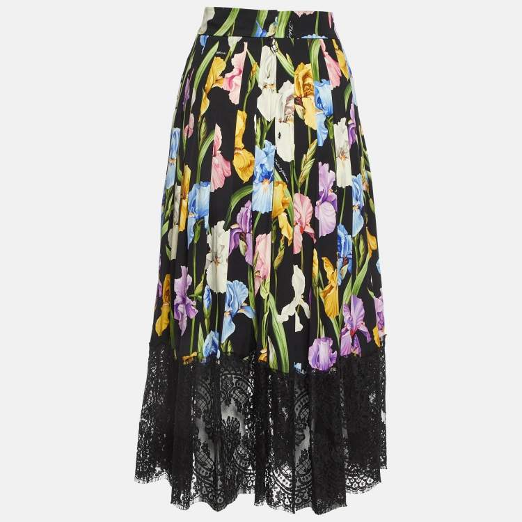 Pre Owned Dolce & Gabbana Black Floral Print Silk Blend Midi Skirt M