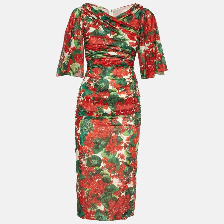 Pre Owned Dolce & Gabbana Multicolor Geranium Print Crepe Ruched Midi Dress S