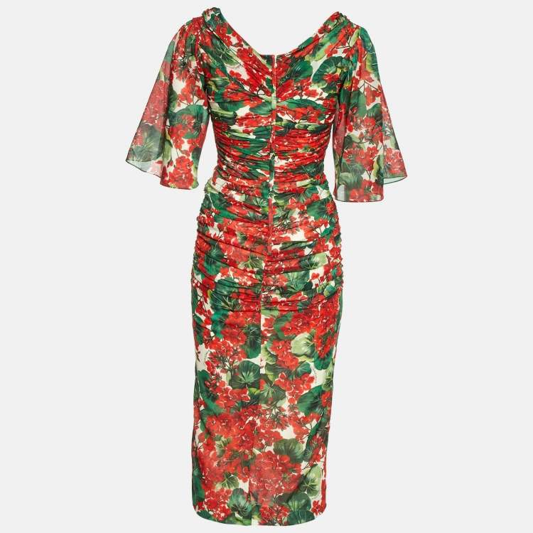 Pre Owned Dolce & Gabbana Multicolor Geranium Print Crepe Ruched Midi Dress S