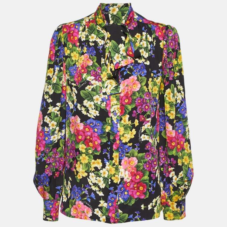 Pre Owned Dolce & Gabbana Black Multicolor Floral Print Neck Tie-Up Shirt M