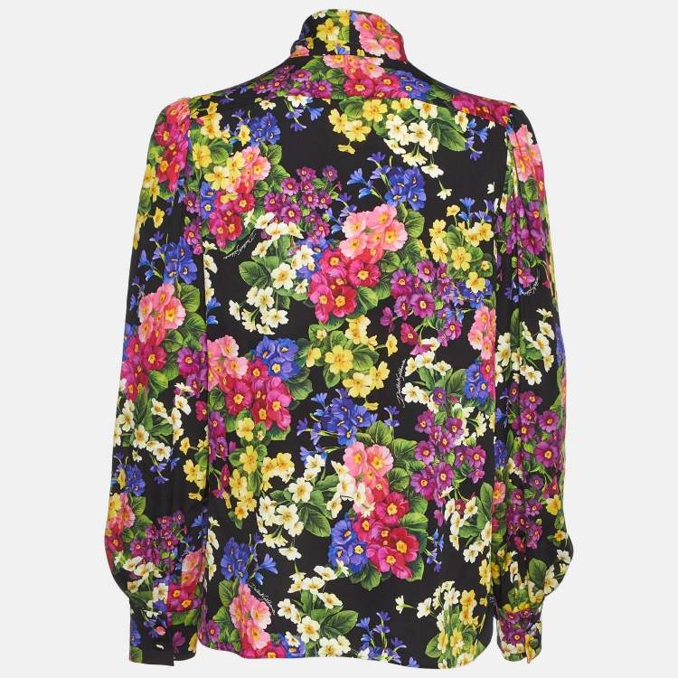 Pre Owned Dolce & Gabbana Black Multicolor Floral Print Neck Tie-Up Shirt M