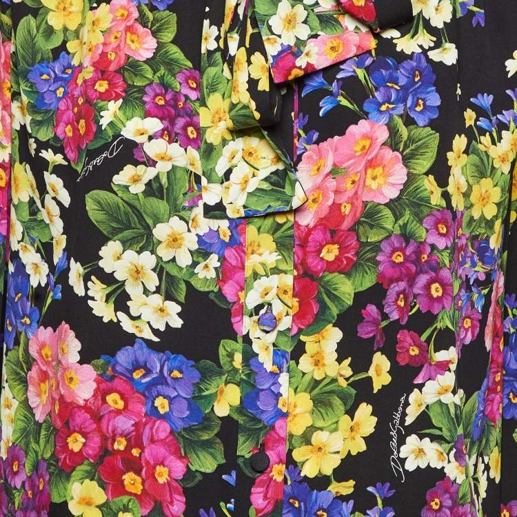 Pre Owned Dolce & Gabbana Black Multicolor Floral Print Neck Tie-Up Shirt M
