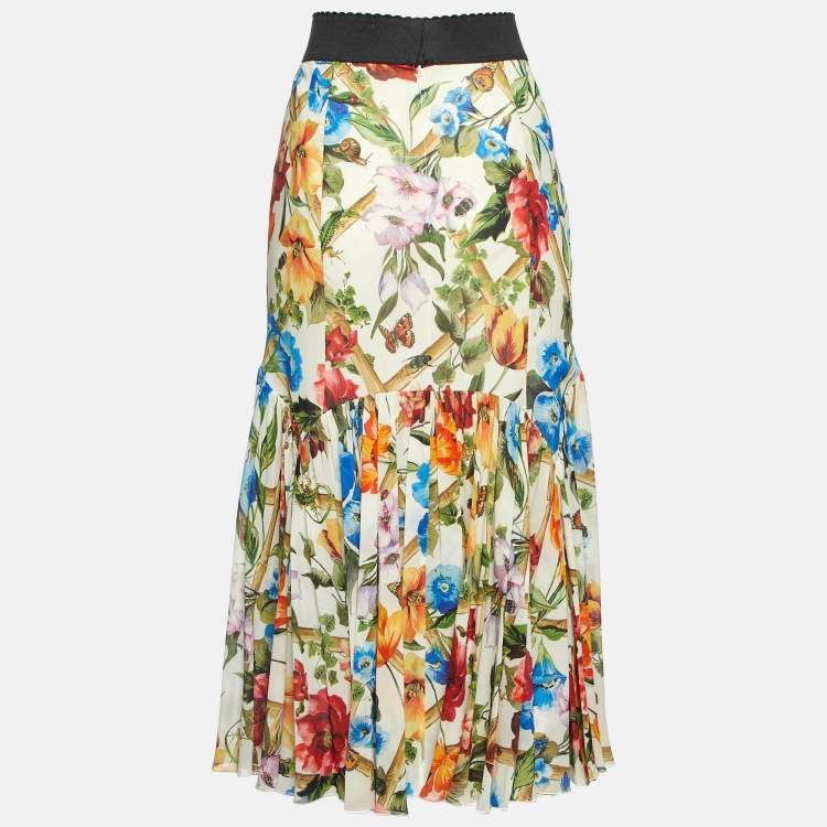 Pre Owned Dolce & Gabbana Multicolor Floral Print Silk Midi Skirt M