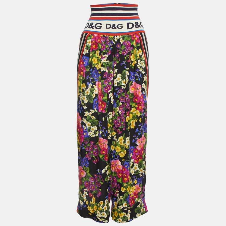 Pre Owned Dolce & Gabbana Black Floral Printed Silk High Waist Detailed Pants M
