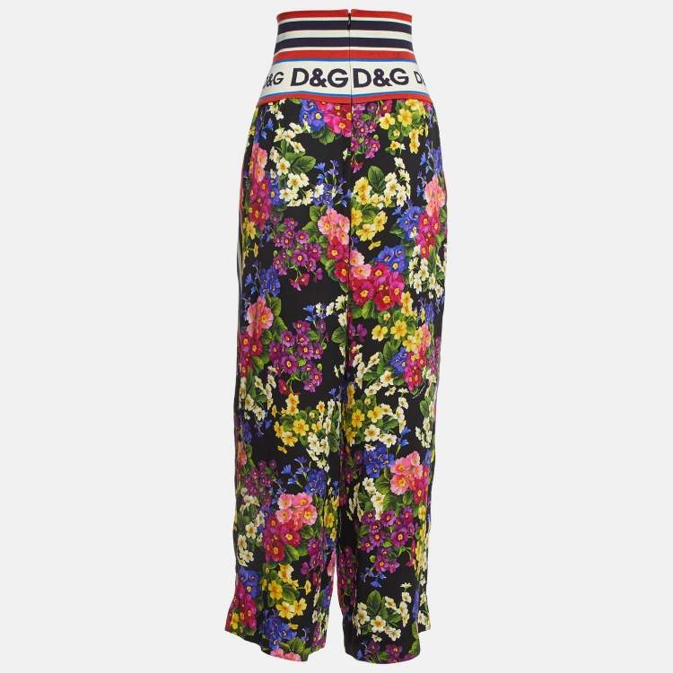 Pre Owned Dolce & Gabbana Black Floral Printed Silk High Waist Detailed Pants M