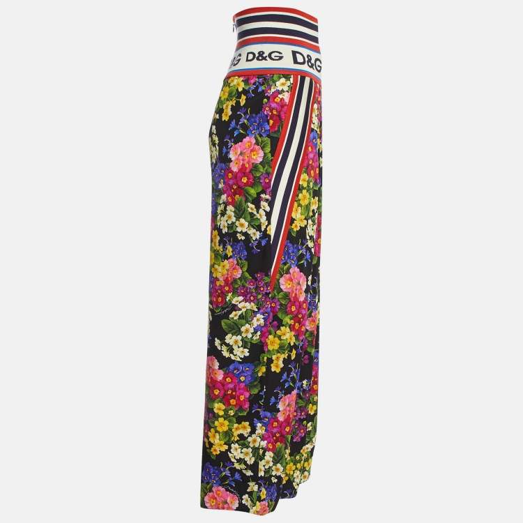 Pre Owned Dolce & Gabbana Black Floral Printed Silk High Waist Detailed Pants M