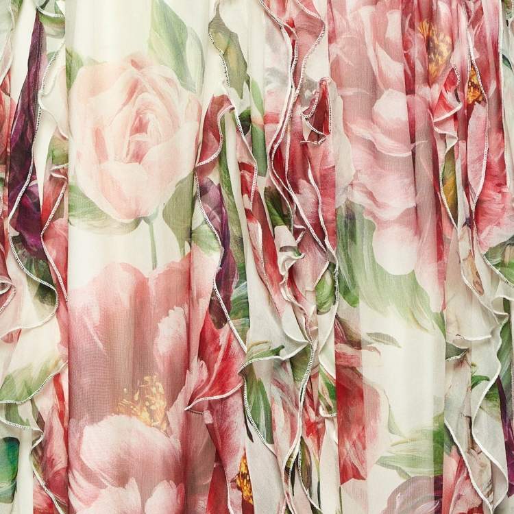 Pre Owned Dolce & Gabbana White Floral Print Silk Asymmetric Maxi Skirt M