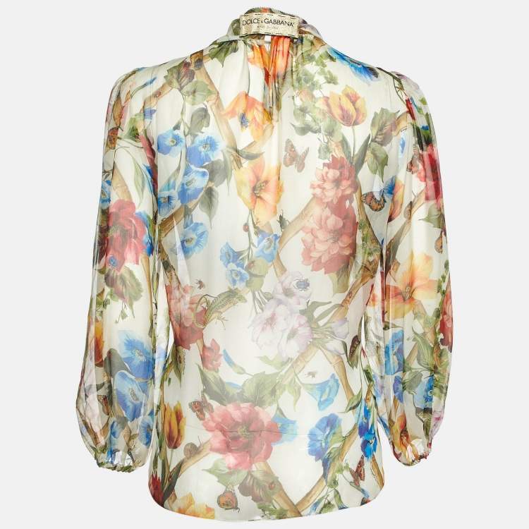 Pre Owned Dolce & Gabbana White Floral Print Silk Neck Tie-Up Top M