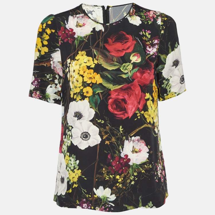 Pre Owned Dolce & Gabbana Black Floral Print Silk Top M
