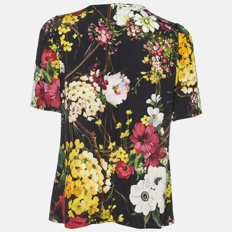 Pre Owned Dolce & Gabbana Black Floral Print Silk Top M
