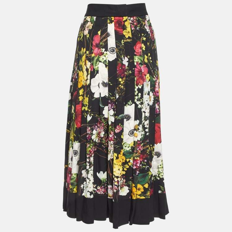 Pre Owned Dolce & Gabbana Black Floral Print Silk Blend Midi Skirt XL
