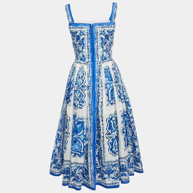 Pre Owned Dolce & Gabbana Blue Majolica Print Cotton Pleated Midi Dress S