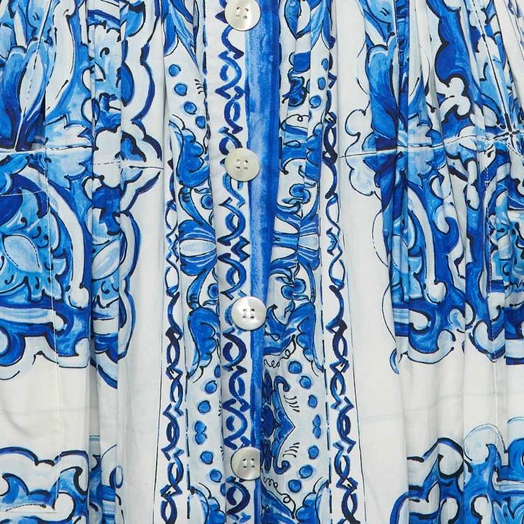 Pre Owned Dolce & Gabbana Blue Majolica Print Cotton Pleated Midi Dress S