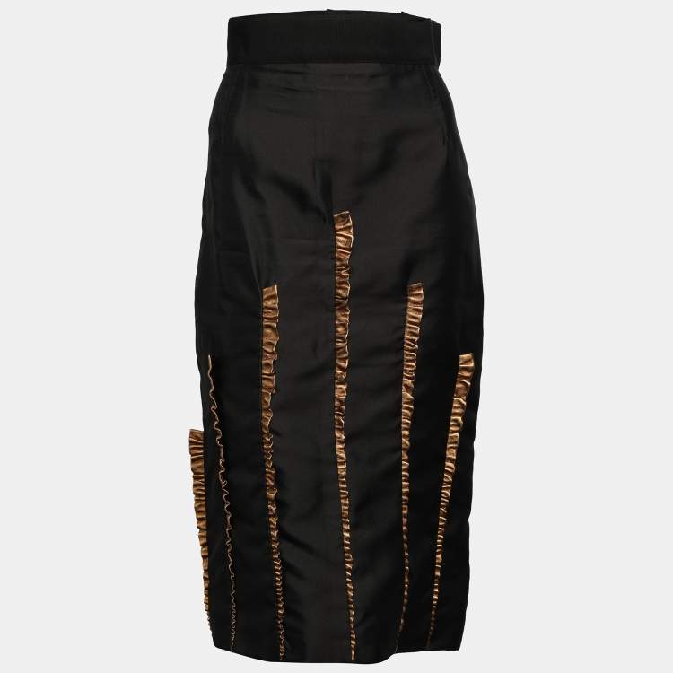 Pre Owned Dolce & Gabbana Black/Gold Silk Ruffled Midi Skirt M