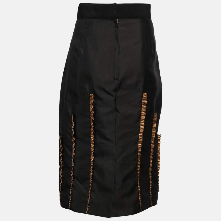 Pre Owned Dolce & Gabbana Black/Gold Silk Ruffled Midi Skirt M
