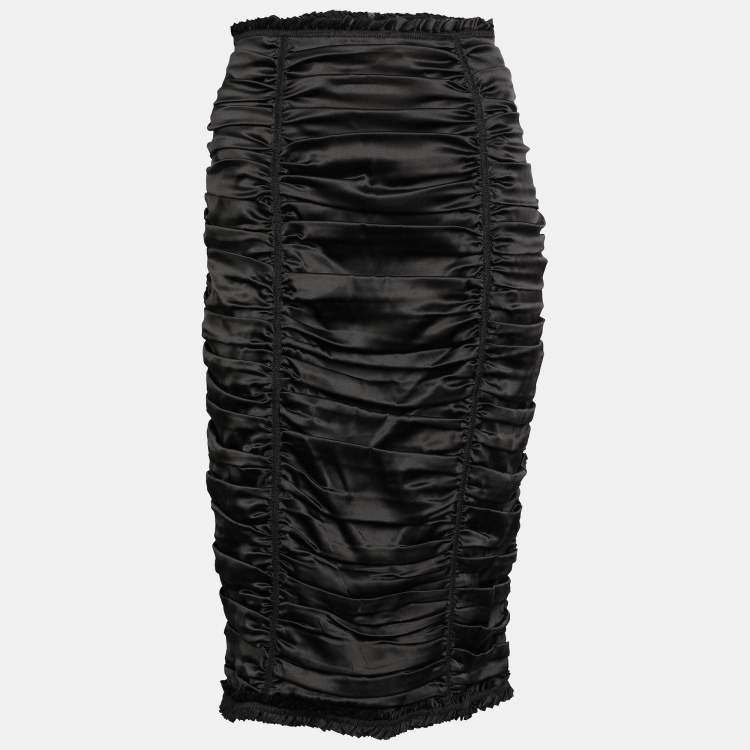 Pre Owned D&G Black Silk Ruched Detail Midi Skirt L